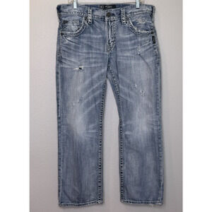 Silver Jeans Nash Straight Mens Jeans Sz 34x30 Distressed Light Wash 100% Cotton